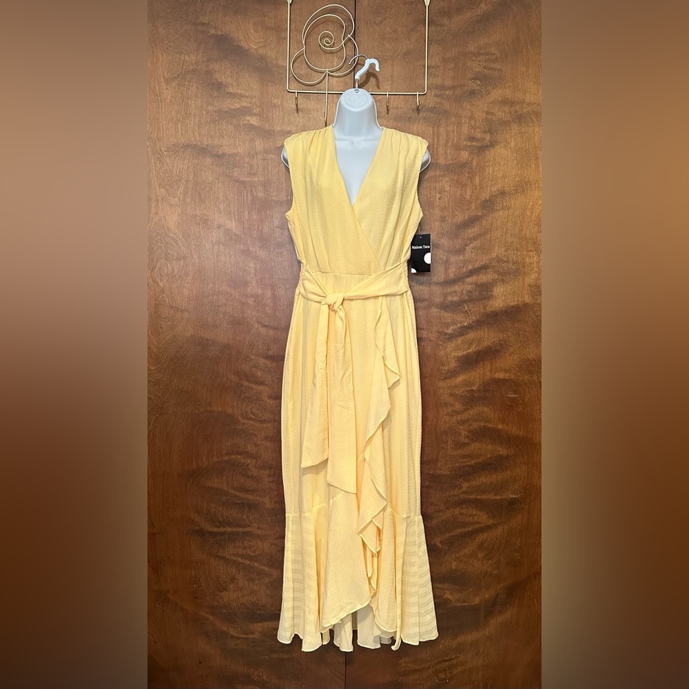 Maison Tara Sleeveless Ruffled Maxi Dress Womens 10 Yellow Wrap Midi Wedding NWT